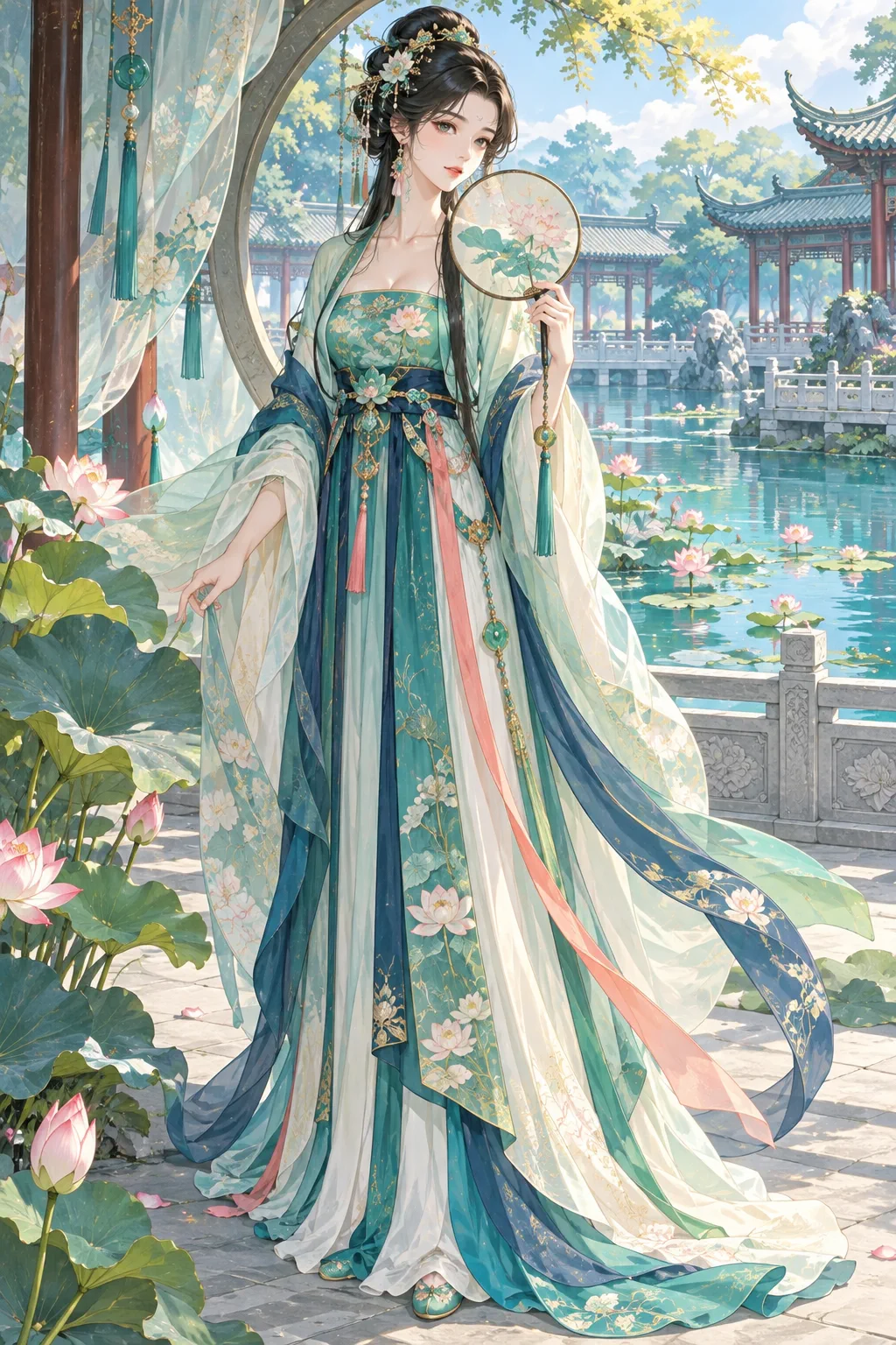 碧绿色汉服古风动漫女性角色手持团扇，站在荷花水院中