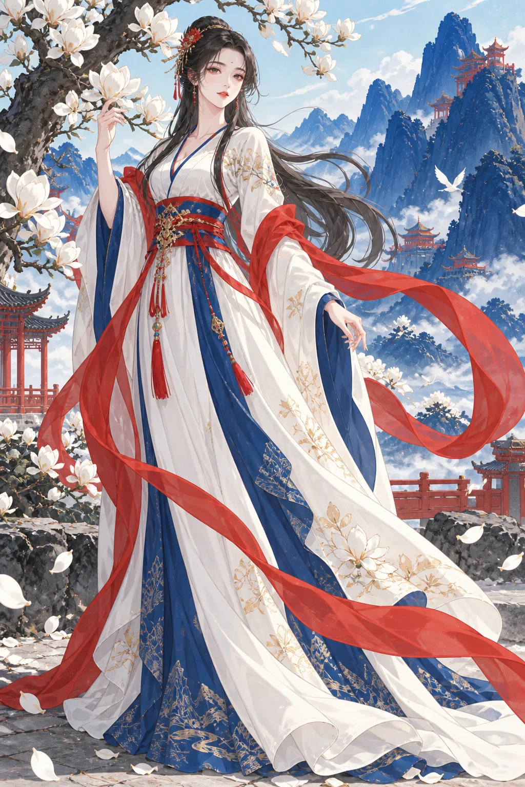 身穿白蓝红汉服的古风动漫女性角色站在玉兰花与青山之间