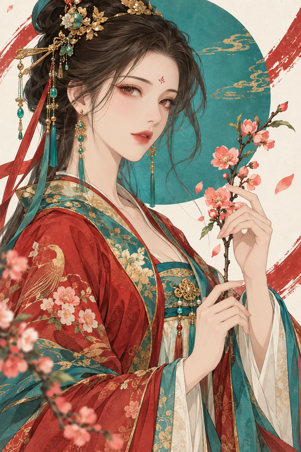 红青配色的古风动漫女性近像，手持桃花枝，背景为青色圆形构图