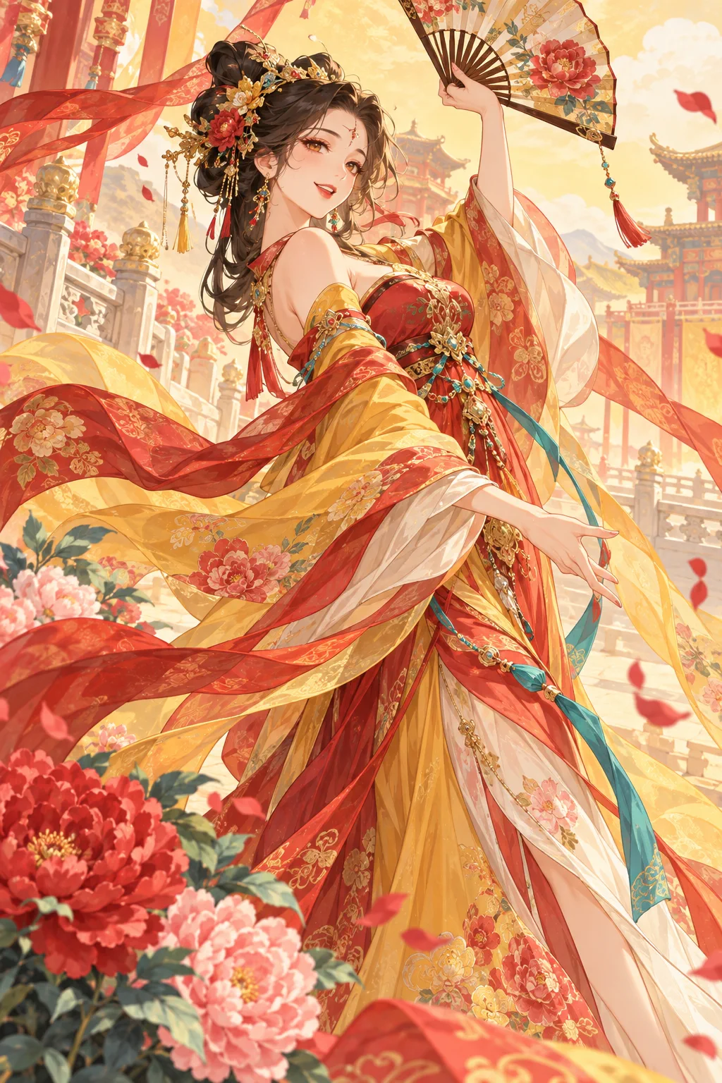 身穿金黄和朱红汉服的古风动漫女性角色，在牡丹花间举起折扇